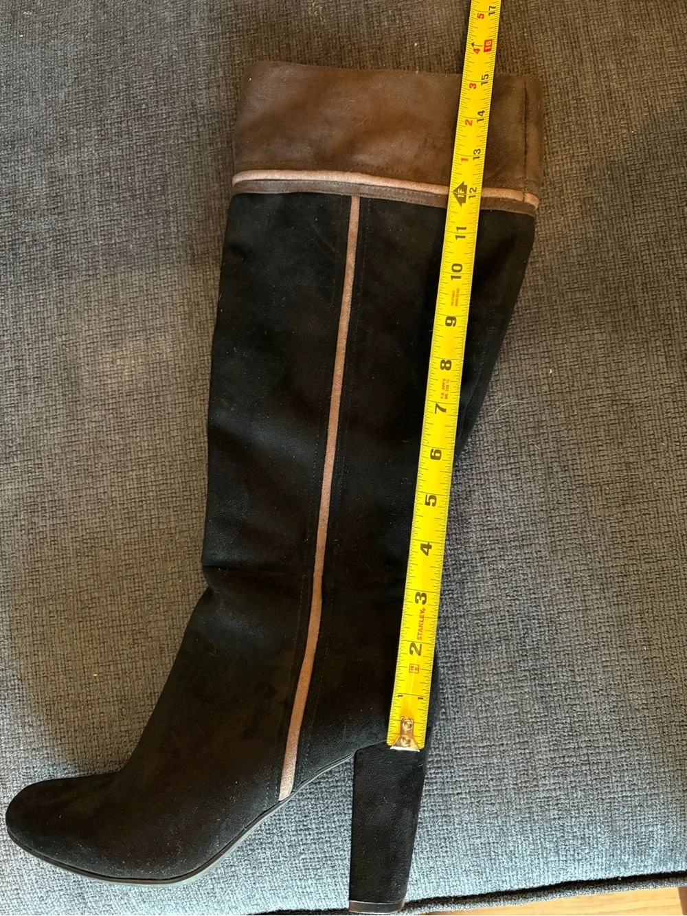 Rialto Black Suede Over-the-Knee Heeled Boots with Tan Piping